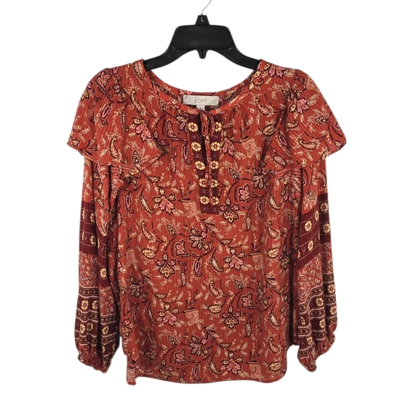 {LOFT} Bouquet Ruffle Tie Neck Blouse Auburn - Size XL - Picture 3 of 14
